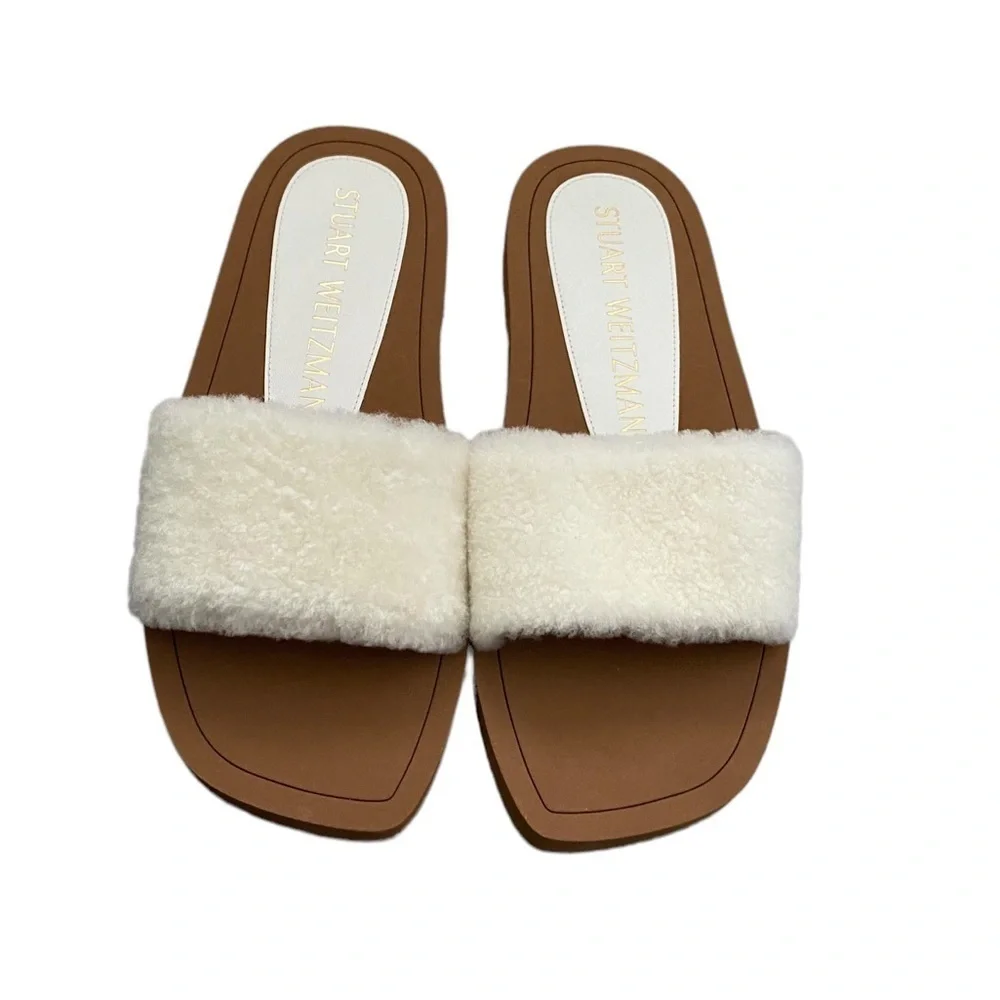 NWT Stuart Weitzman Cammy Shearling Slides White Size 6.5B US 37 EUR